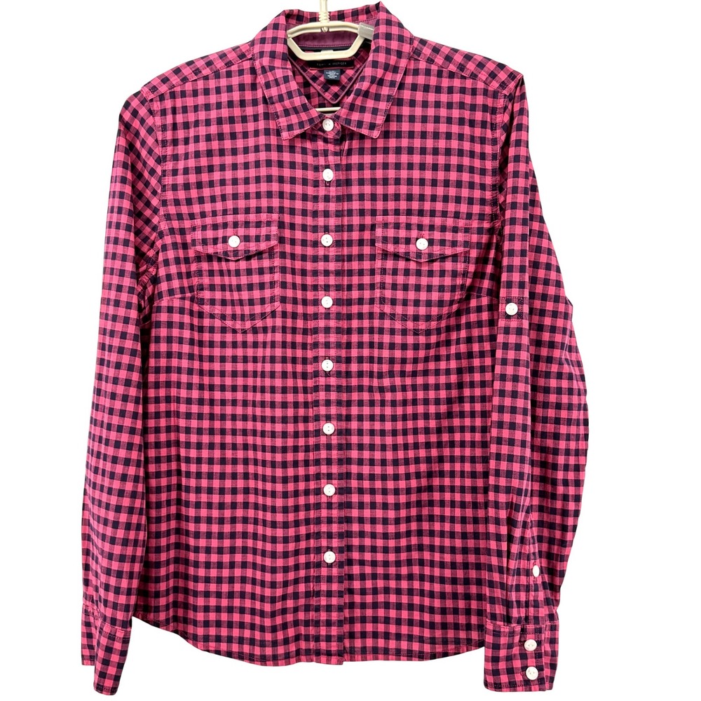 Tommy Hilfiger Button Up Womens Large Red Black Gingham Roll Tab Sleeves - Picture 2 of 12